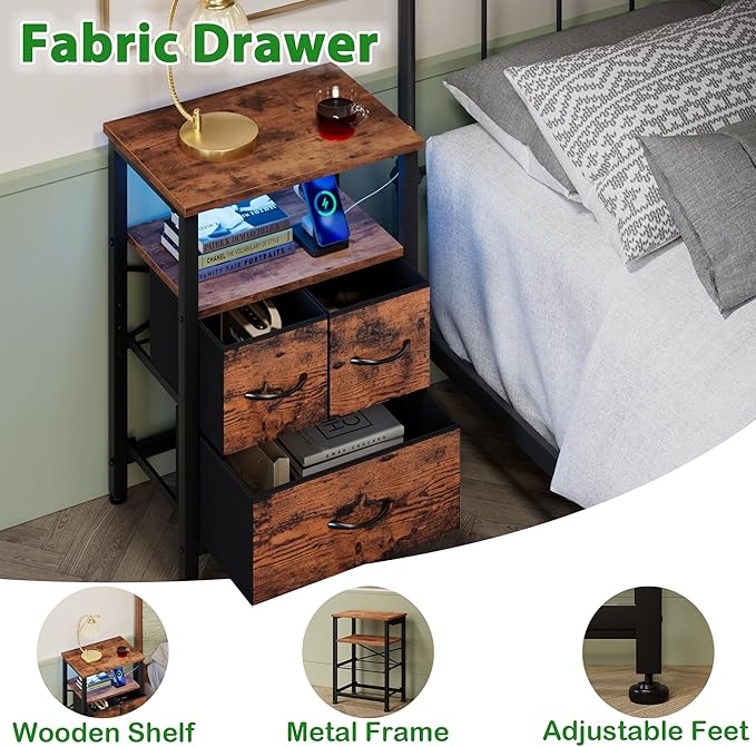 Furnulem Led Nightstand with Charging Station, Bedside Table with 3 Fabric Drawers and Storage Shelf, End Table with USB Ports and Outlets, Small Night Stand for Bedroom, Rustic Brown