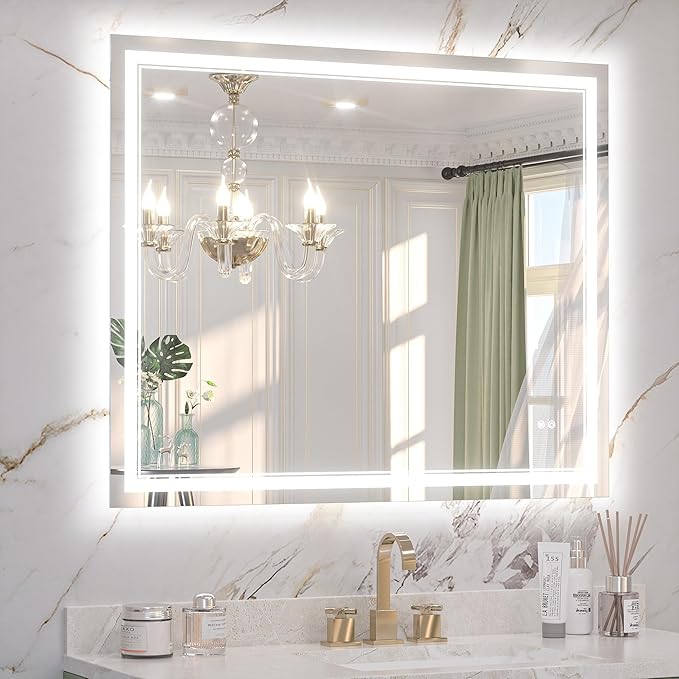 Keonjinn 44" x 36" Bathroom Mirror with Lights, Frontlit & Backlit LED Bathroom Mirror, Safe Tempered Glass, Anti-Fog, 3000K/4500K/6500K, Dimmable, UL-Listed, Frameless LED Wall Mirror