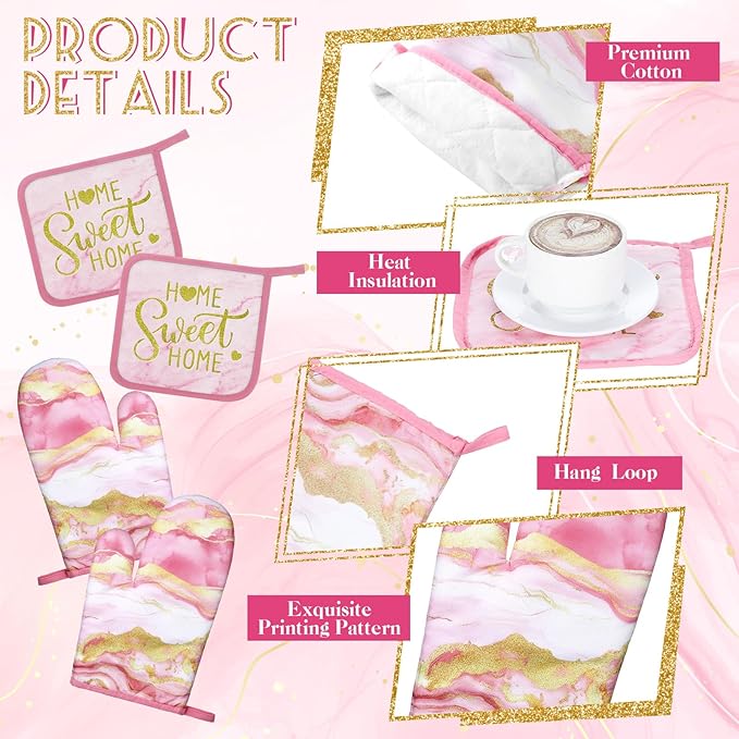 Bencailor 6 Pcs Marble Kitchen Decor Gold Pot Holders Oven Mitts 2 Dish Towels 2 Farmhouse Cooking Mittens Oven Glove and Potholder for Baking Cooking Grilling Supply Accessories(Pink)