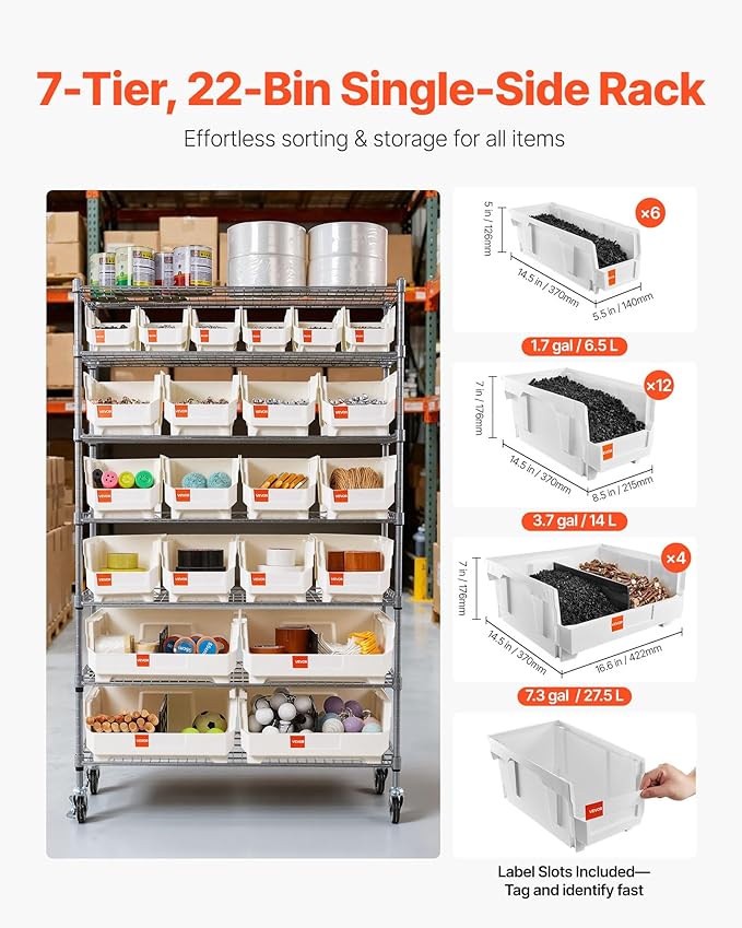 VEVOR 7-Tier Rolling Bin Storage Rack, 22 Organizer Bins, Bin Rack Storage Steel Wire Shelving System with Wheels, Mobile Tool Organizer for Garage, Warehouse, Office, Restaurant, Classroom, Kitchen