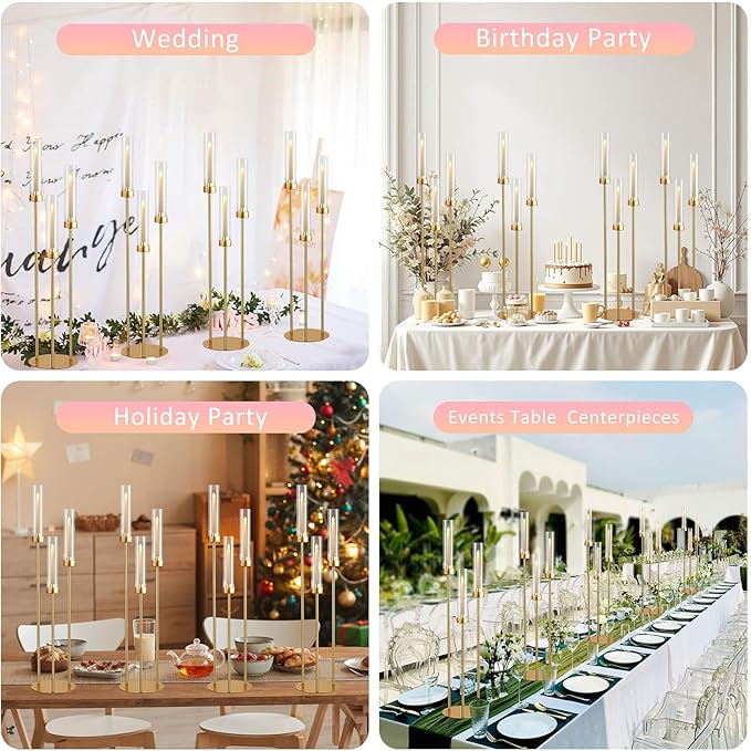 Vincidern 20pcs Gold Candelabra with Acrylic Lampshade, 3 Arm Taper Candle Holder, 33.8 in Tall Metal Candlestick for Table Centerpieces, Halloween, Christmas, Wedding Decor