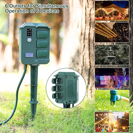 Outdoor Light Timer Waterproof, Dusk to Dawn Power Stake Timer Remote Control, 6 Grounded Electrical Outlets Timer for Outdoor Christmas Lights, Yard, Garden, Backyard, Halloween Decoration,13A