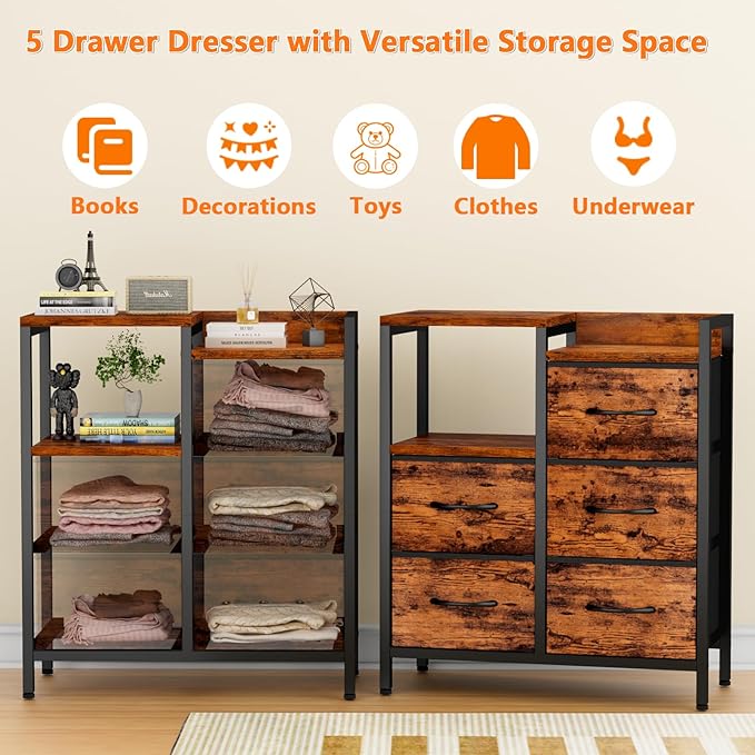 Furnulem 5 Drawer Rustic Brown Dressers for Bedroom 2 Tier Shelf Storage Small Fabric Dresser for Closet Sturdy Metal Frame Modern Style Storage Cabinets Organization Units for Hallway Rooms