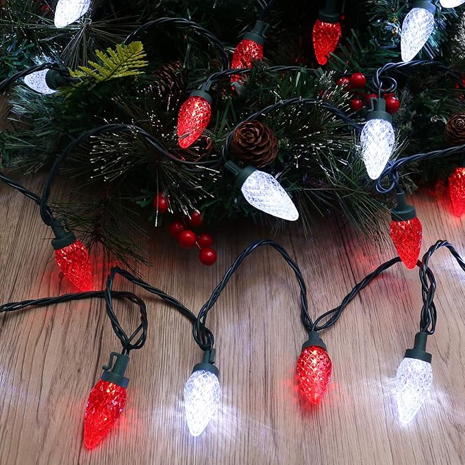 Brizled Red & White String Lights, 25 LED C9 Christmas Lights, Connectable Xmas Tree Light, Waterproof Strawberry String Light for Indoor Outside Tree Roof Garden Patio Pathway