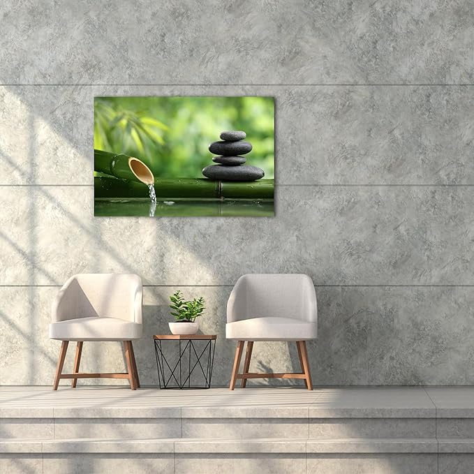 GUTTATY Zen Wall Art Decor, Modern Bathroom Zen Decor Wall Art, Canvas Wall Art for SPA Zen Room Decor, Green Bamboo and Pebble Relaxing Zen Art Prints for Office & SPA Wall Decor 18x24 Inches