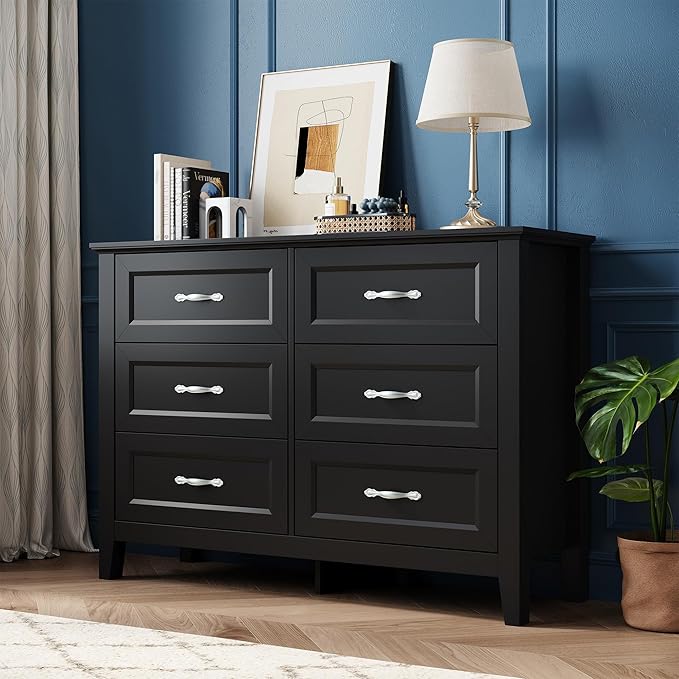 LINSY HOME Farmhouse 6 Drawers Dresser Chests for Bedroom, Wood Dresser Wide Chest of Drawers, Storage Dressers Organizer for Bedroom, Living Room,Hallway, SGS Certified