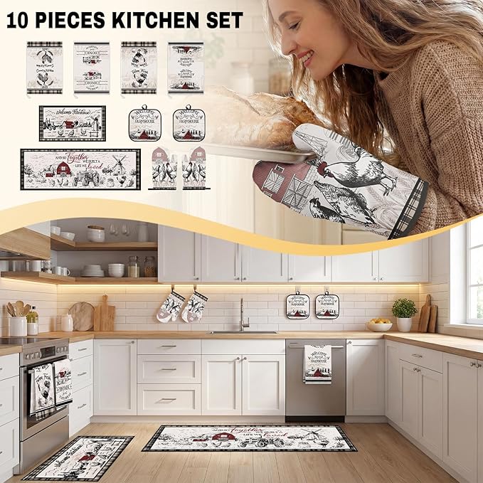 Rooster Kitchen Decor Set 10 Piece - Farmhouse Chicken Red Barn Kitchen Mats, Towels, Oven Mitts and Pot Holders - Primitive Country French Style Home Decoration