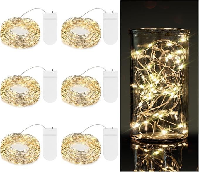 TingMiao 6 Pack Fairy Lights Battery Operated 7.2 ft 20 LED Mini String Lights Waterproof Silvery Copper Wire Firefly Starry Lights for Wedding Bedroom Party Christmas Decor(Warm White)