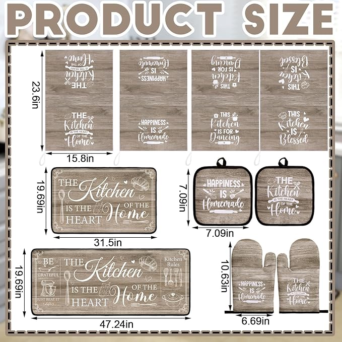 Fourluoo 10 Pcs Farmhouse Kitchen Decor and Accessories Set 4 Kitchen Towels 2 Pot Holders 2 Oven Mitts 2 Rugs for Cooking Baking Mom Housewarming Gifts(Brown,Classic Style)