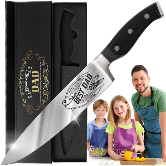 CUTLINX Birthday Gift BEST DAD - Premium Chef Knife Gift - 8 in. Stainless Carbon Steel Kitchen Knive w/Pakka Wood Handle - Father's Day, Christmas, Housewarming, Anniversary, Holiday Gifts