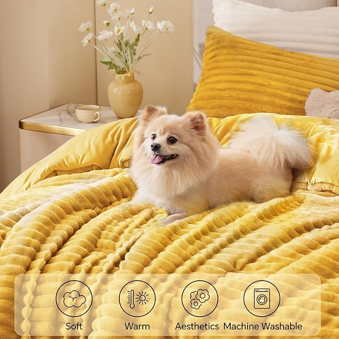 BEDELITE Fleece Twin Comforter Set -Super Soft & Warm Fluffy Mustard Yellow Bedding, Luxury Fuzzy Heavy Bed Set for Winter with 1 Pillow case