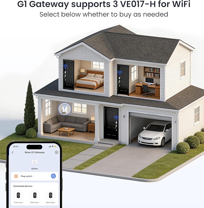 Veise VE017-H Fingerprint Smart Front Door Lock Set, App Control, 8-in-1 Keyless Entry Deadbolt with Zinc Alloy Handles, Emergency Power Port, Touchscreen Keypad, Auto Lock, Easy Install, Satin Nickel