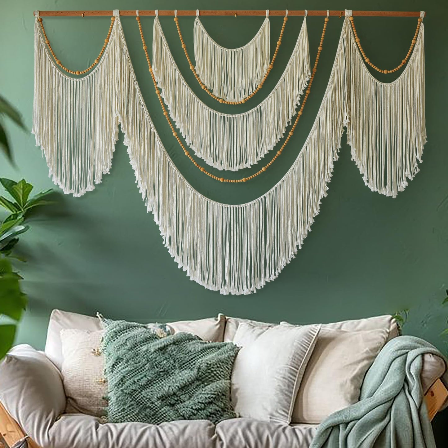 Flber Large Macrame Wall Hanging – Boho Yarn Art Garland with Tassels and Beads, Handmade Rope Decor for Nursery, Party, Wedding, Bedroom, Fireplace Mantel, or Photo Backdrop 57" W x 41"" L"