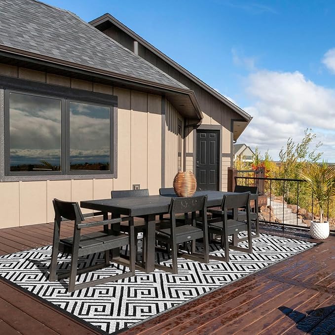 Outdoor Patio Plastic Straw Rug - 5'x8' Outdoor Camping Rug Waterproof Reversible, Area Carpet Patios Clearance RV, Outside Porch Balcony Deck for Camper, Stripe Black & White