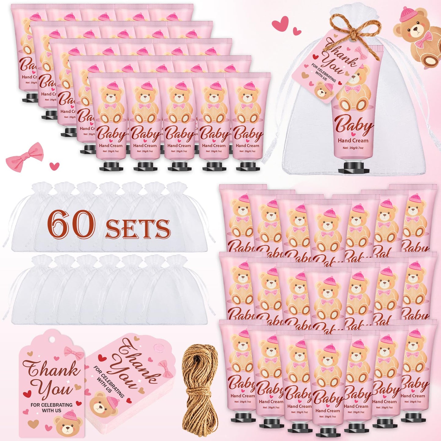 VISCOO 60 Sets Baby Shower Hand Cream, Baby Shower Party Favors Gifts for Guests Bridal Shower, Wedding Hand Cream Gifts,Thank You Gifts,Travel Size Hand Lotion Bulk for Wedding (Pink Bear)