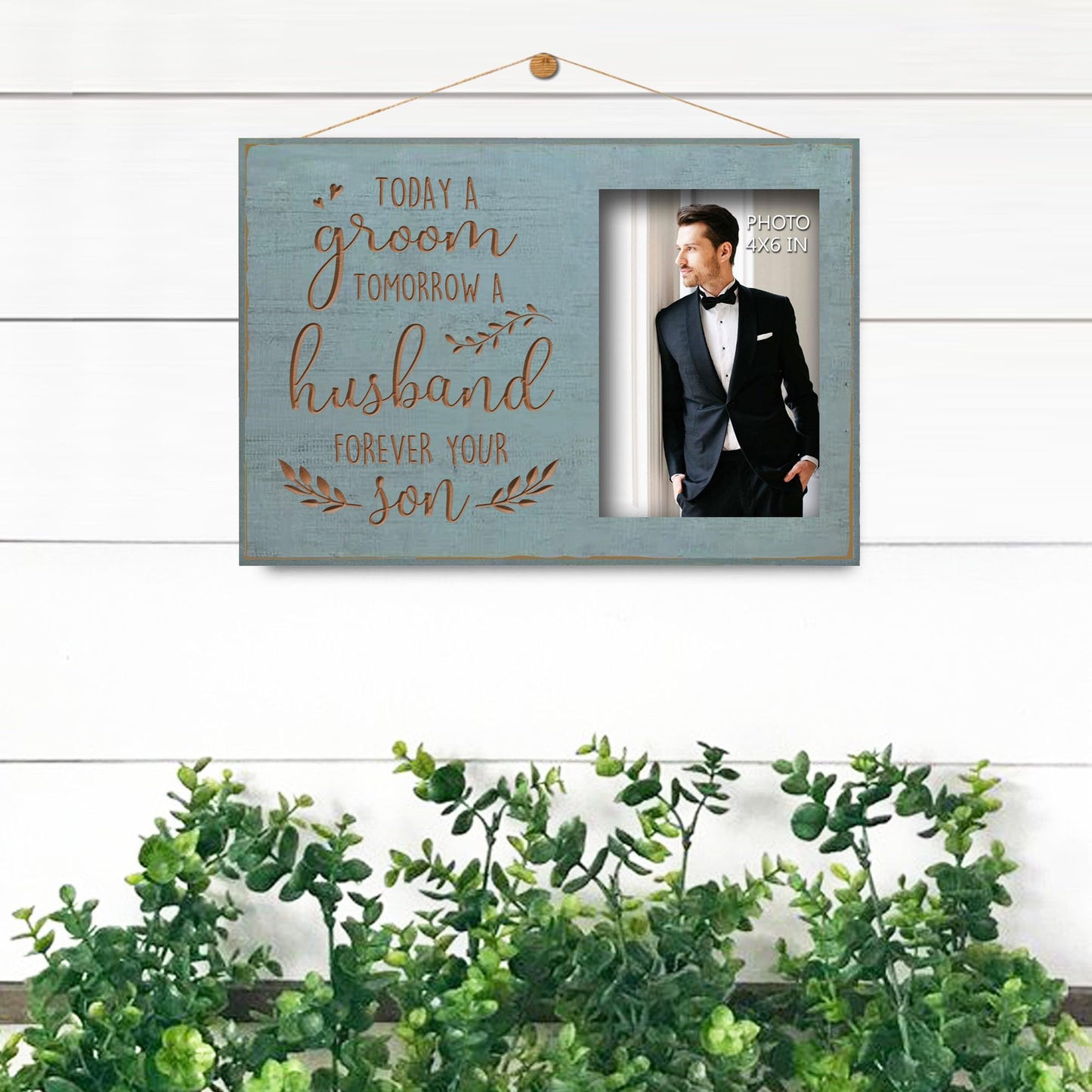 Yudarte Today A Groom,Tomorrow A Husband,Forever Your Son Carved Picture Frames - Engraved Teal Wood Photo Frame 4x6 Inches - Father Mother Parents of the Groom Wedding Gift