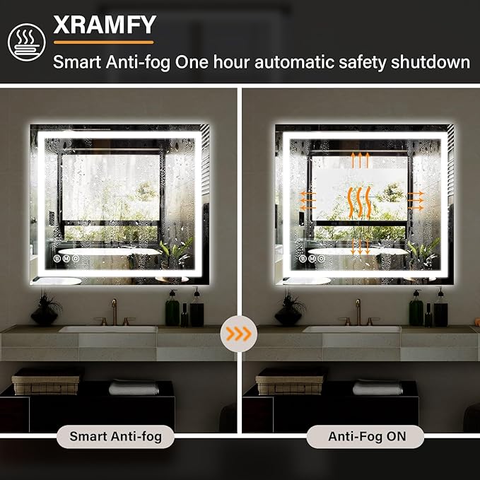 40"x 40" LED Bathroom Mirror, Backlit + Front Lit, LED Bathroom Mirror with Lights for Wall, 3 Colors, Anti-Fog, Dimmable Brightness, Tempered Glass