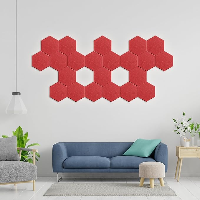 Hexagonal Acoustic Panels-12 Pack High-Density Sound Absorbing Panels 12"X10"X0.4" for Enhanced Noise Reduction, DIY Design, Idea for Studios, Offices, and Home Theaters(Cherry Red)