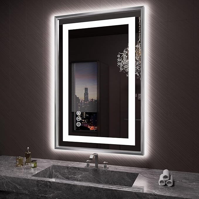 Amorho 24"X36" LED Bathroom Mirror, Brushed Nickel Framed Mirror with Front Light and Backlit, Stepless Dimmable, Anti-Fog, Shatter-Proof, Memory, 3 Colors
