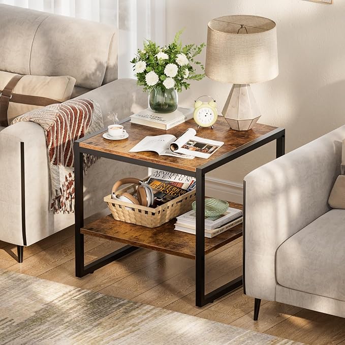 Homieasy End Table, 20 Inch Square End Table, Mini Fridge Stand with 2-Tier Storage Shelves, Industrial Wood Side Tables for Living Room, Rustic Brown