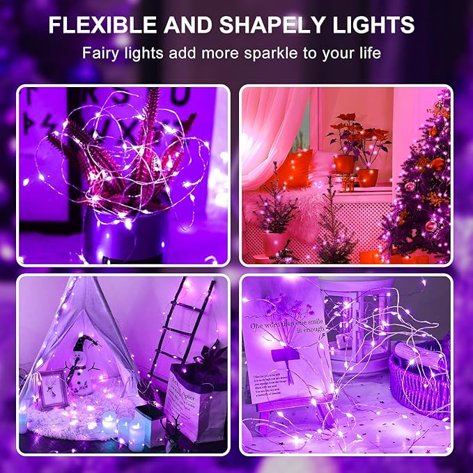 Aogist 12 Pack Fairy Lights 3 Modes 7ft 20 LED Waterproof,Battery Operated Silver Wire Firefly Starry Moon Mini String Lights for Mason Jars Christmas Halloween DIY Crafts Wedding Party Bedroom,Purple