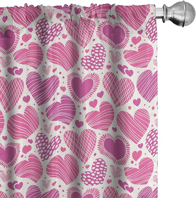 Ambesonne Valentines Window Curtains Pack of 2, Romantic Heart Shapes with Many Different Designs Polka Dots Crossed Lines, Lightweight Set with Rod Pocket, 4 Panels of - 28" x 95", Pink White