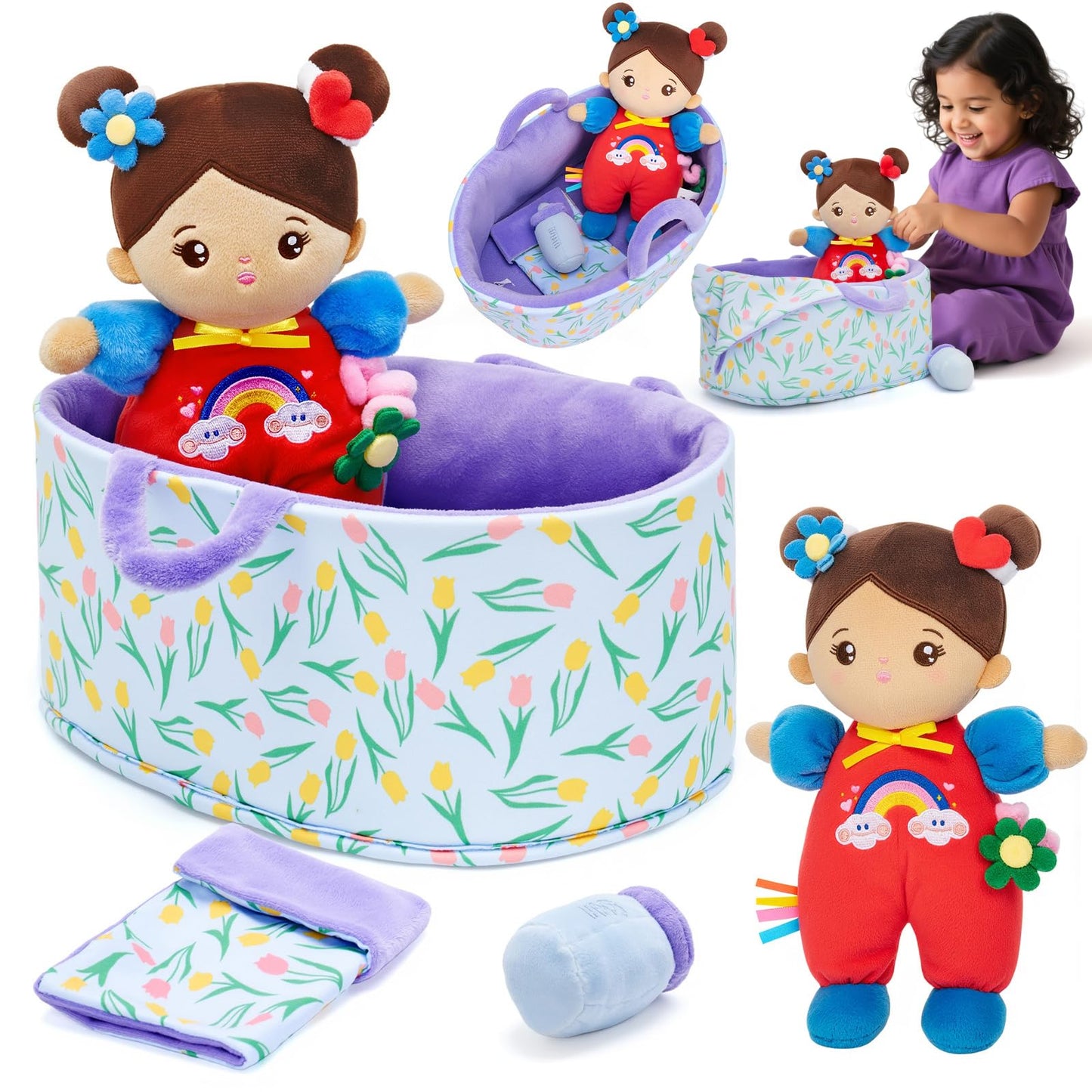 OUOZZZ 10" Soft Baby Doll Set, Hispanic Baby Doll Accessories Pretend Playset Doll for 2 Year Olds Girls Christmas Birthday Gift Brown Skin