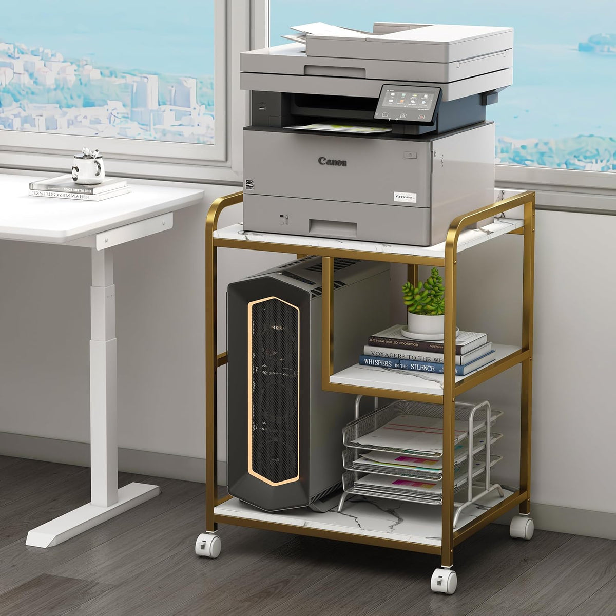 Large Printer Table Stand with Shelf for Computer Tower, CPU and Shredder, 22 x 18 Inch Rolling Printer Cart with Wheels for Home Office Storage and Organization - White Gold