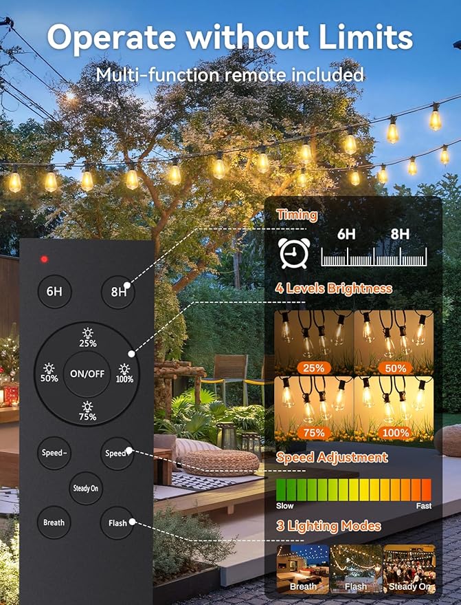Brightever 150FT Solar String Lights Outdoor Waterproof with Remot, 55+2 Shatterproof ST38 LED Bulbs, Dimmable & 3 Lighting Modes, Warm White Solar Patio Lights for Balcony, Deck, Wedding