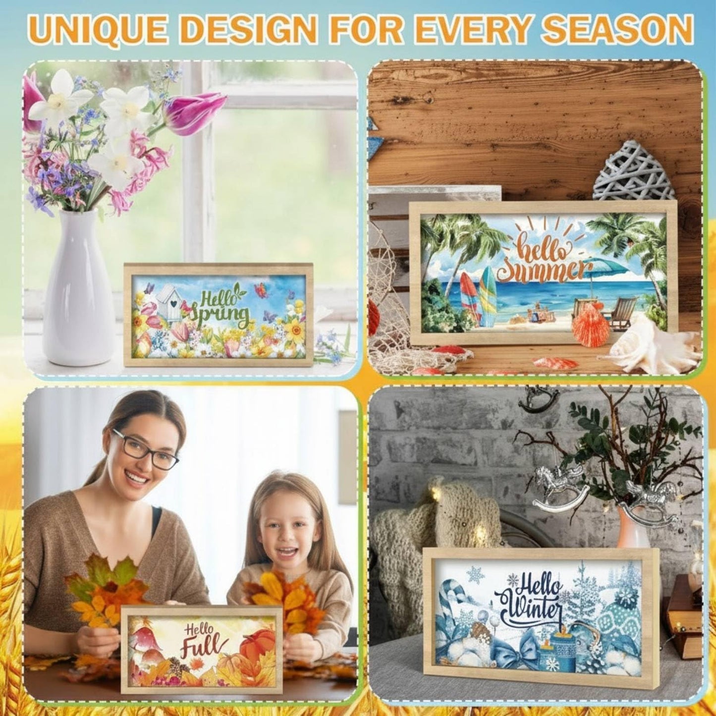RattanView 25 Pcs 9.7 x 4.8" Interchangeable Seasonal Decor Holiday Sign Wooden Desk Table Decor Interchangeable Welcome Sign with Wooden Frame Wreaths for Summer Office Home Rustic Tiered Tray"