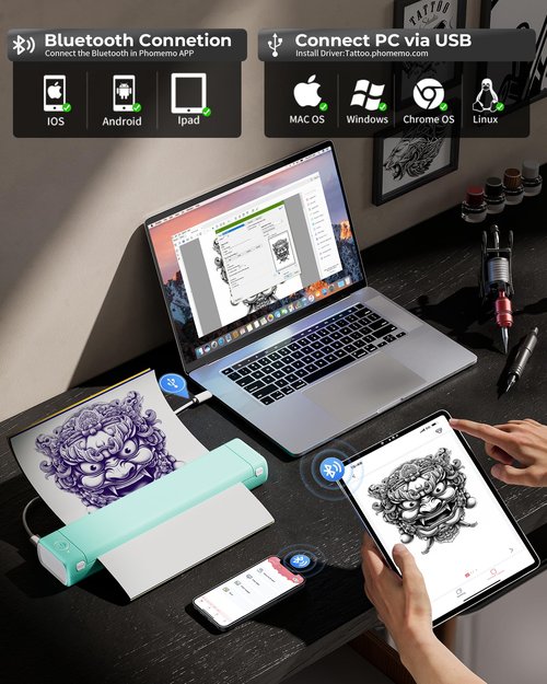 Itari M08F Wireless Tattoo Stencil-Printer - Tattoo Transfer Machine Thermal Copier with 10pcs Transfer Paper, Bluetooth Stencial Printer for Tattooing, Compatible with Smartphone & PC, Green