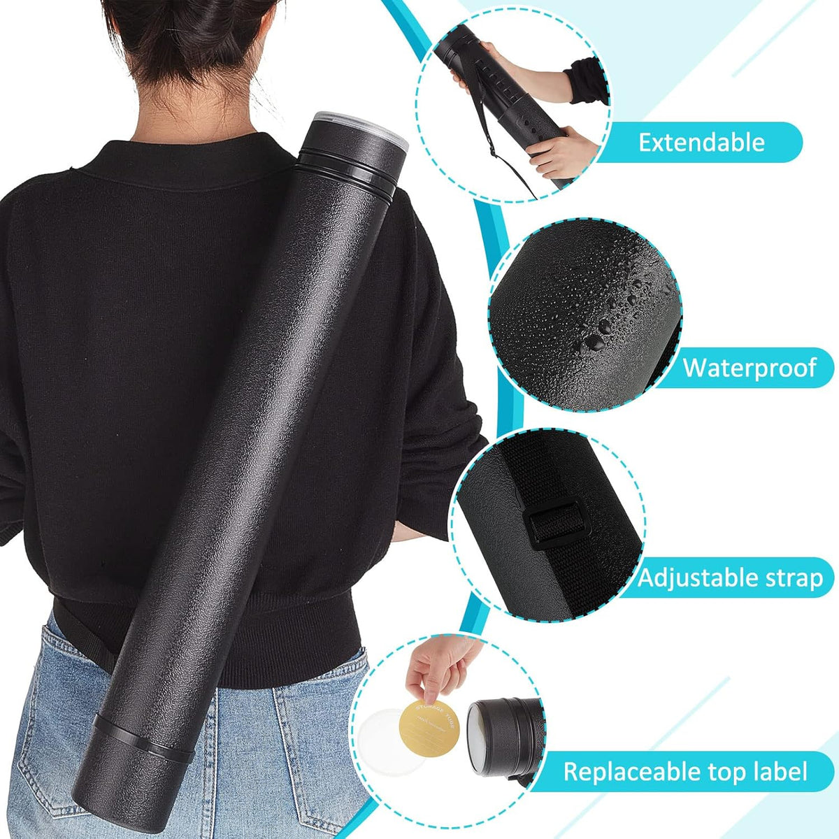 Henoyso 6 Pcs Black Poster Tube Bulk Extendable Blueprint Holder Expand from 24.5 to 40 Inch Portable Folder Organizer with Shoulder Straps and Lids for Maps, Documents, Drawings, Artworks, Scrolls