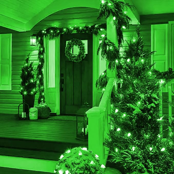 Dazzle Bright C9 Christmas String Lights, Waterproof Connectable Green Wire Fairy Lights, Christmas Lights for Indoor Outdoor Home Yard Xmas Tree House Decorations (Green, 50 LED)