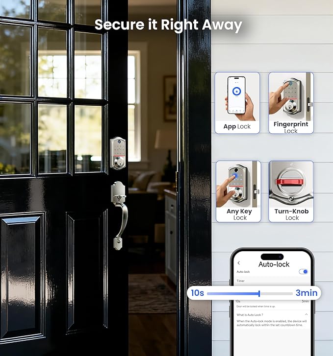 Veise VE017-H Fingerprint Smart Front Door Lock Set, App Control, 8-in-1 Keyless Entry Deadbolt with Zinc Alloy Handles, Emergency Power Port, Touchscreen Keypad, Auto Lock, Easy Install, Satin Nickel