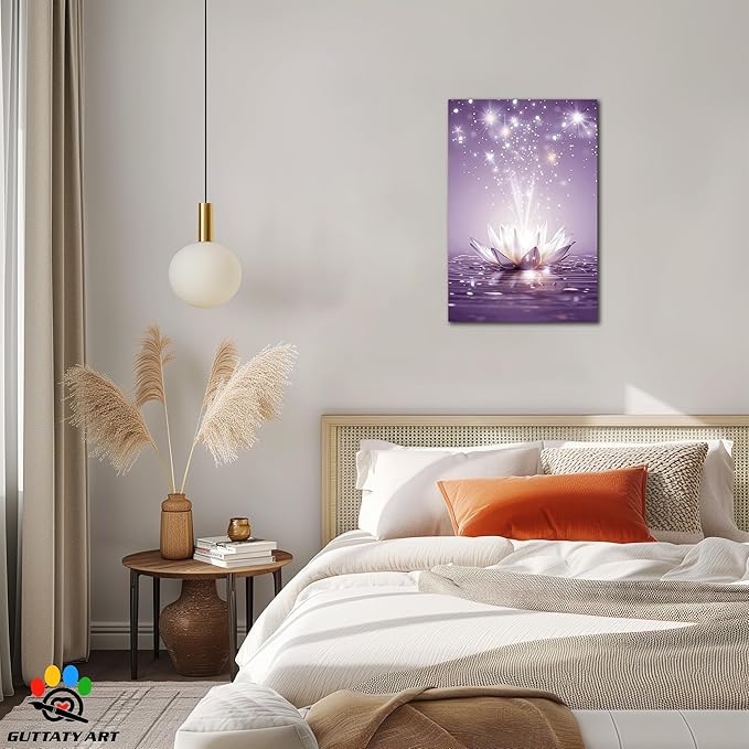 Zen Canvas Wall Art, White Lotus Flower Bloom in Water Picture, Zen Blue Flower Painting, Modern Framed Spiritual Home Artwork for Yoga Spa Meditation Spiritual Room Living Room Office 24x36 inch