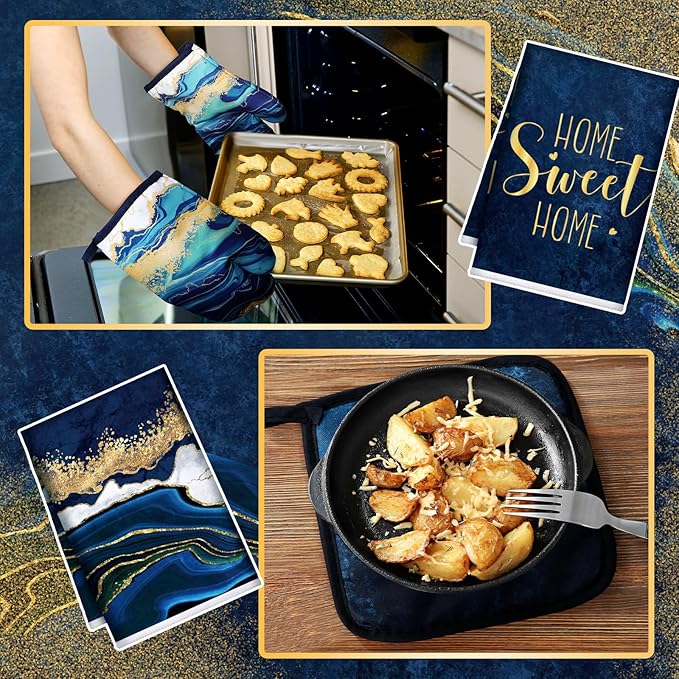 Bencailor 6 Pcs Marble Kitchen Decor Gold Pot Holders Oven Mitts 2 Dish Towels 2 Farmhouse Cooking Mittens Oven Glove and Potholder for Baking Cooking Grilling Supply Accessories(Blue)