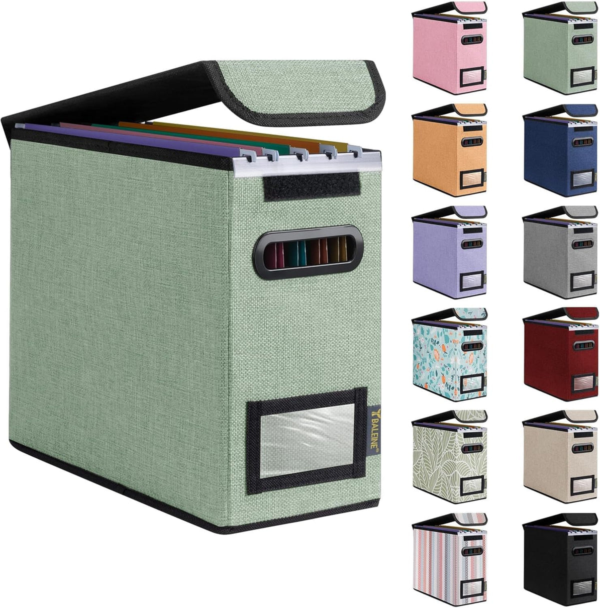 BALEINE File Organizer Box with Lid, Collapsible File Folder Organizer with Plastic Slide, Hanging File Folder Box for Office Document Storage (1 Pack, Green, S)