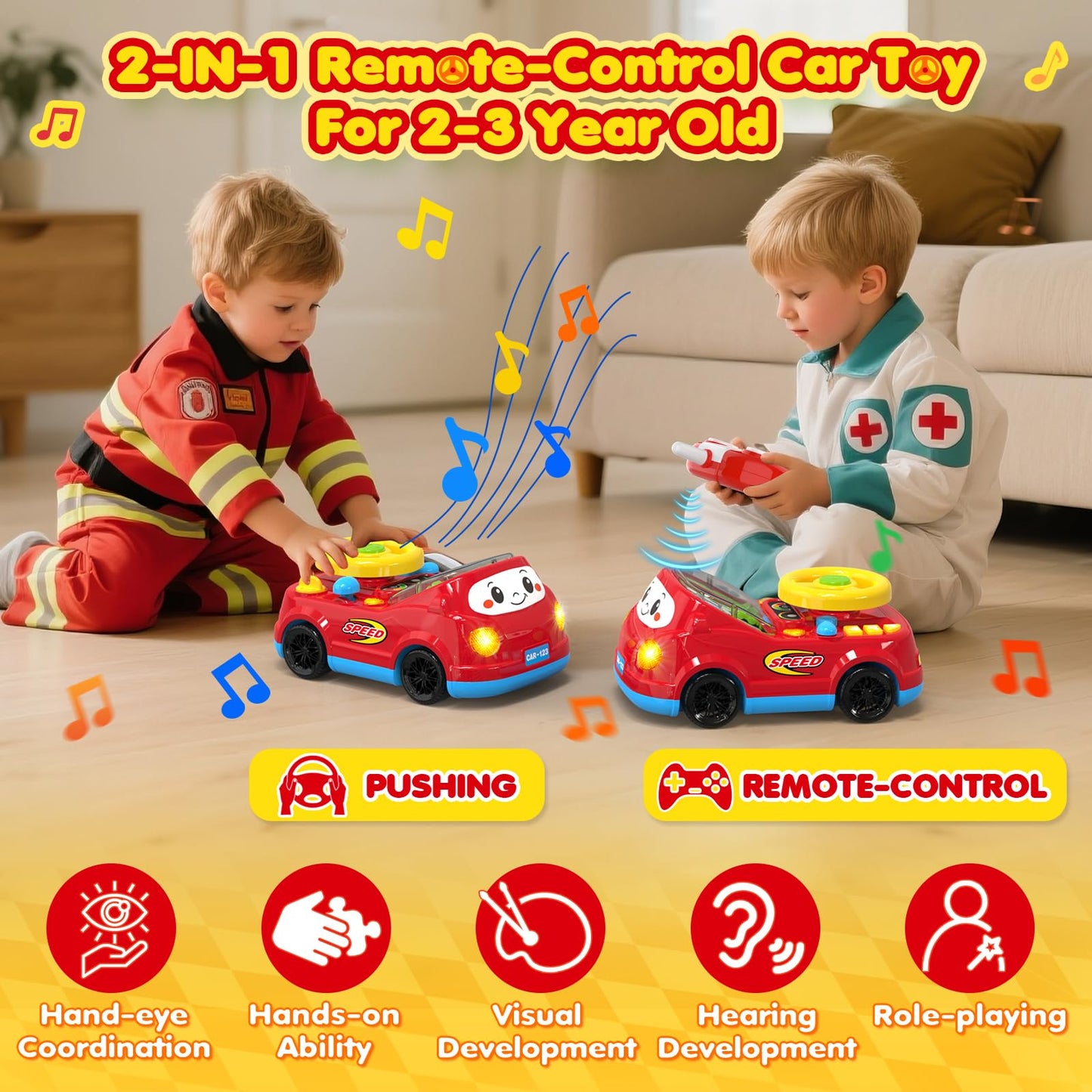 Toddler Toys For Ages 2-4 Boy - Remote Control RC Push Car Racing Adventure Steering Wheel Driving Games,Interactive Learning Educational Christmas Birthday Gift For Kids Age 2 3 4(Yellow Red)