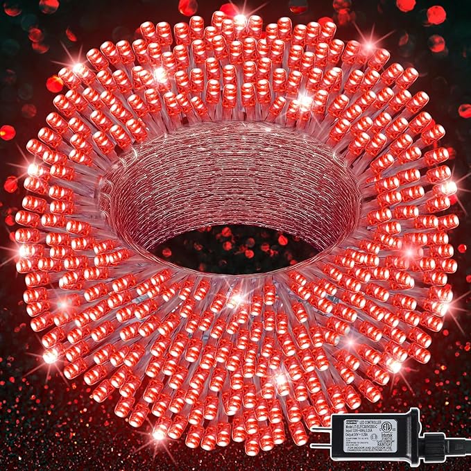LJLNION 300 LED Christmas Lights, Extra Long 98.5FT Valentines String Lights Outdoor Indoor, 8 Lighting Modes, Plug in Waterproof Fairy Lights for Wedding Party Bedroom Decorations (Red)