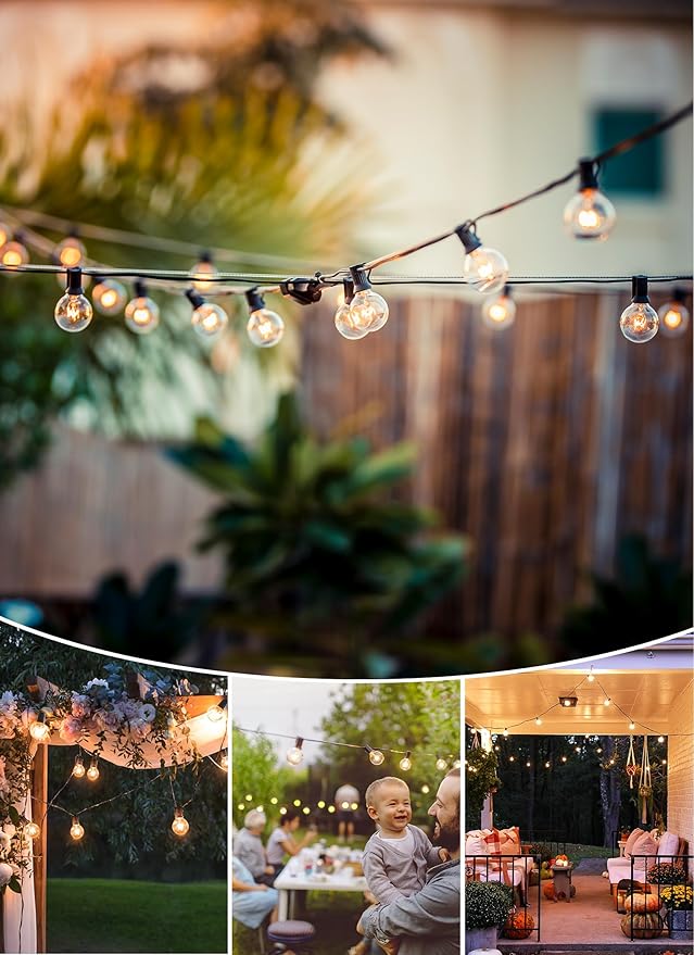 Outdoor String Light 50Feet G40 Globe Patio Lights with 52 Edison Glass Bulbs(2 Spare), Waterproof Connectable Hanging Christmas Lights for Backyard Porch Balcony Party Xmas Decor, E12 Socket, Black