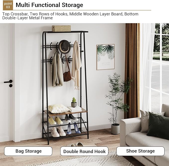 Coat Rack Hall Tree with Shoe Storage Bench, 4-in-1 Entryway Organizer, 10 Hooks & 3-Tier Shoe Rack, Freestanding Metal Frame for Hallway, Front Door