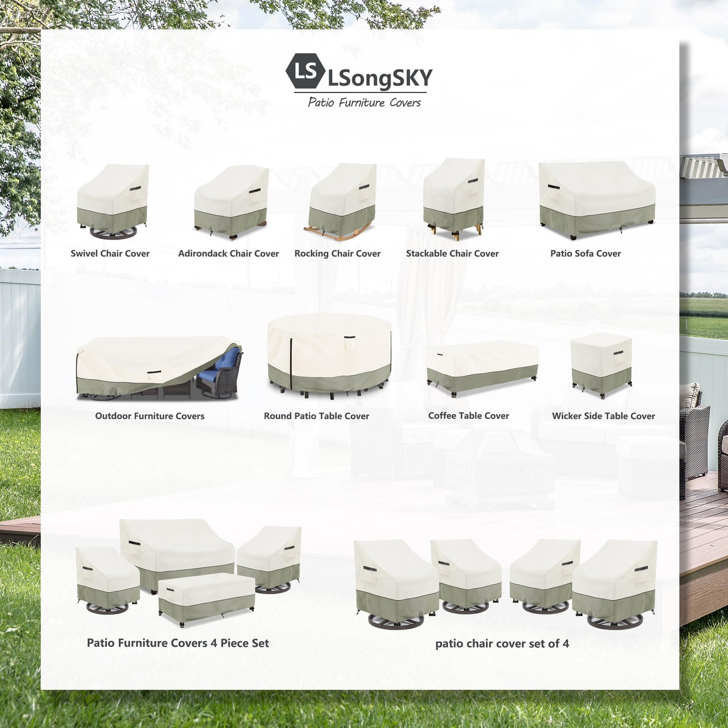 LSongSKY Outdoor Swivel Lounge Chair Cover 2 Pack,100% Waterproof Heavy Duty Outdoor Chair Covers,(33 W x 35 D x 38.5 H inches) Patio Furniture Cover for Swivel Patio Chair,White&Grayish Green