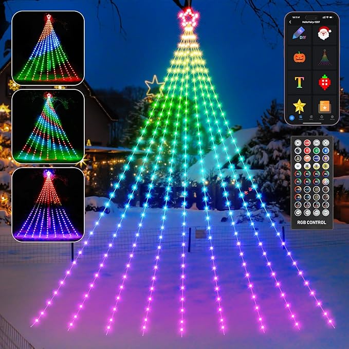 16.4FT Outdoor Christmas Decorations, Smart RGB Color Changing Christmas Hanging Waterfall String Lights, APP Remote Control, DIY Multi-Color Lightshow, Music Sync, Outside Xmas Lights Decor