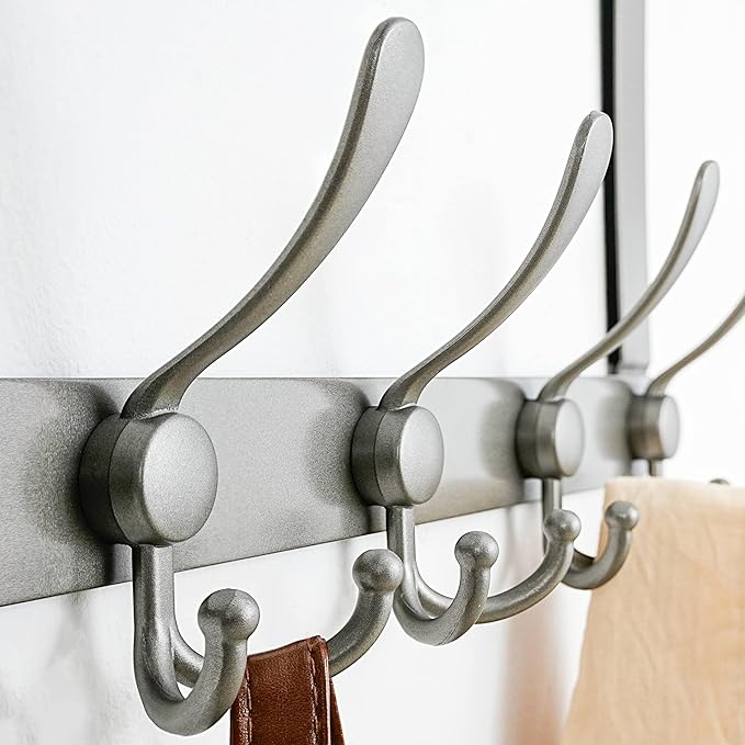 Dseap Over The Door Hook Hanger - Fits 1 3/8" to 1 3/4" Standard Doors | 5 Tri Hooks Heavy Duty Towel/Coat Rack | Door Organizer for Clothes, Jackets, Hats, Towels, Grey