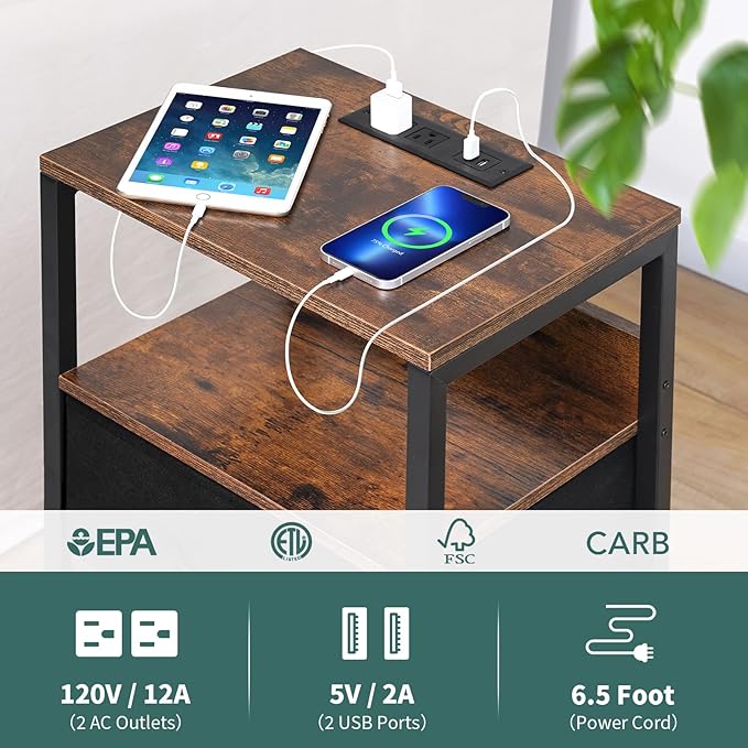 Yoobure Nightstand with Charging Station, Small Night Stand with Fabric Drawers and Storage Shelf for Bedrooms, Nightstands for Small Spaces, Bedside Table with USB Ports & Outlets, Bed Side Table