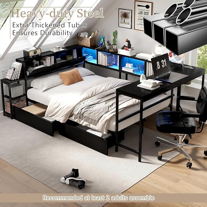 Full Corner Bed Frame with Desk, LED Lights & Charging Ports, L-Shaped Daybed with Storage Drawers, Bookcase & Open Shelves, Modern Full Size Daybed for Kids, Teens & Compact Bedrooms,Black