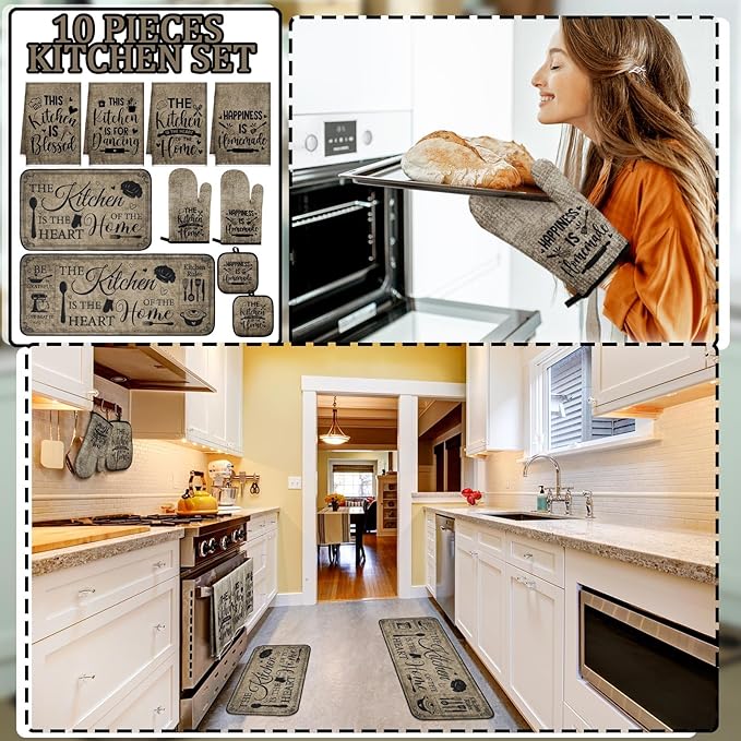 Fourluoo 10 Pcs Farmhouse Kitchen Decor and Accessories Set 4 Kitchen Towels 2 Pot Holders 2 Oven Mitts 2 Rugs for Cooking Baking Mom Housewarming Gifts(Vintage Color,Classic Style)