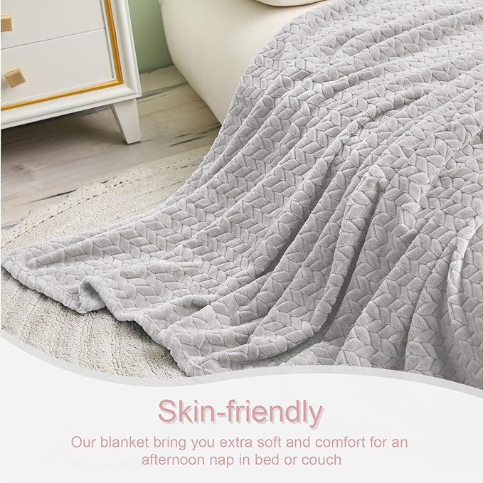 Exclusivo Mezcla Light Grey Fleece Queen Size Blanket for Bed, 90x90 Inches Soft Cozy 3D Decorative Jacquard Flannel Blankets, Lightweight Fuzzy Plush Warm Blankets for All Seasons