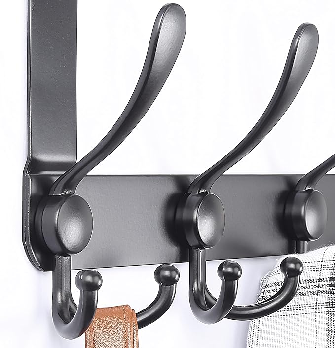 Dseap Over The Door Hook Hanger - Fits 1 3/8" to 1 3/4" Standard Doors | 5 Tri Hooks Heavy Duty Towel/Coat Rack | Door Organizer for Clothes, Jackets, Hats, Towels, Black, Pack of 2