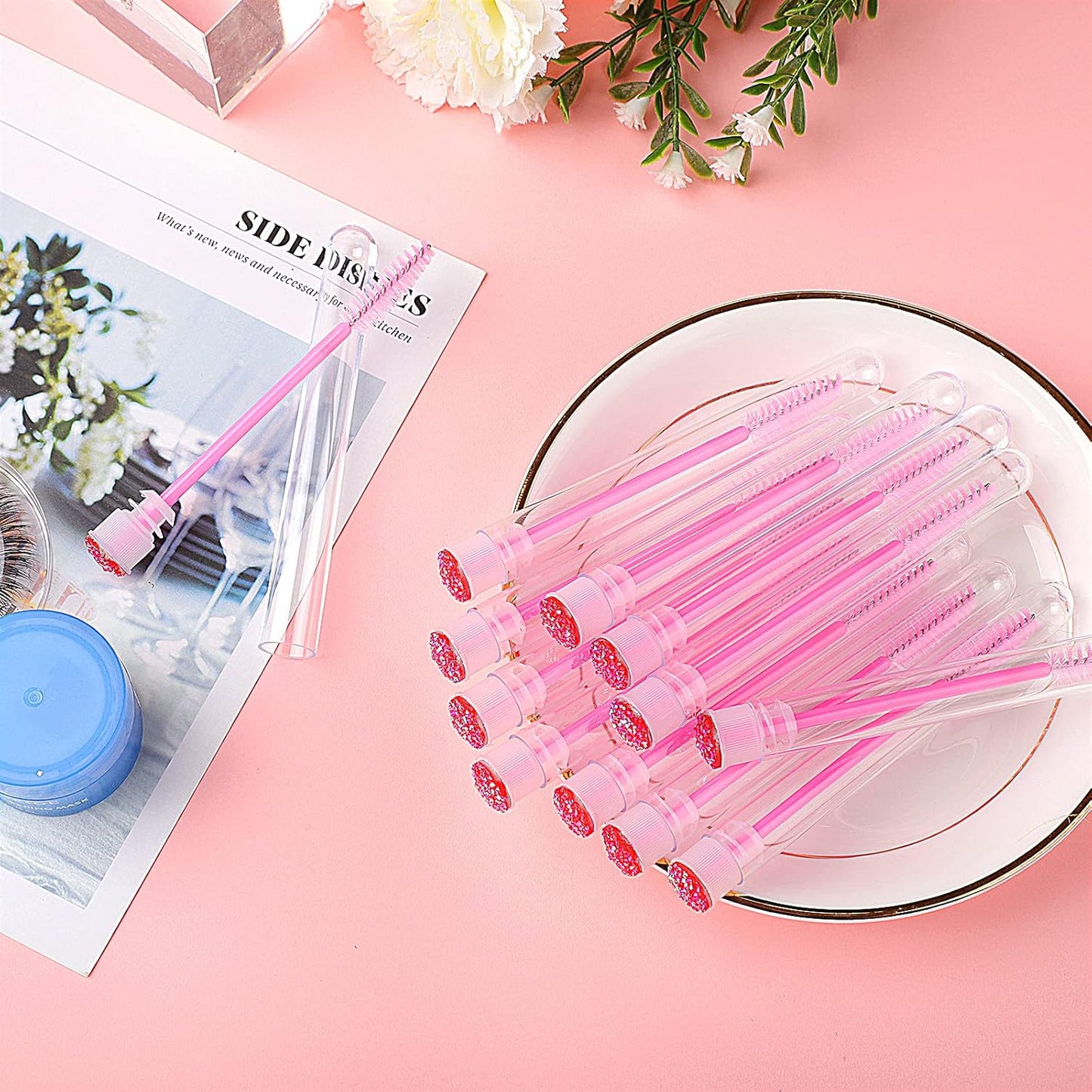 50-Piece Disposable Mascara Brushes - Eyelash Brushes, Diamond Mascara Wands with Tube, Makeup Tool, Lash Spoolies, Sanitary Brushes, Lash Extension Supplies (Tube Star D Pink 50)